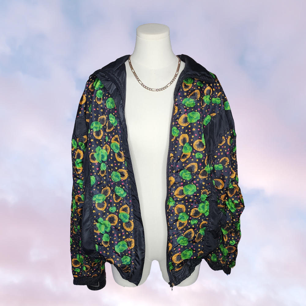 Vtg 80s Miramax Colorful Zip Up Windbreaker Floral Black Green Yellow Stars L - Picture 3 of 8